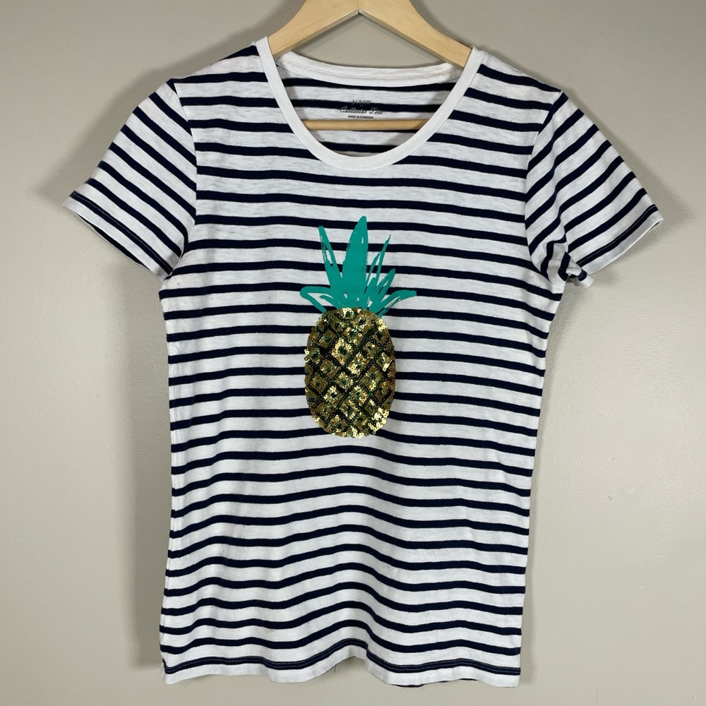 J.CREW Women’s Nautical Striped Sequin Pineapple‎ Collectors Tee Sz Small Preppy